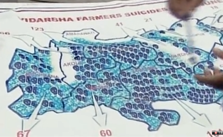 ビダルバ地区の自殺者地図。びっしり並んだどくろマークが自殺者の多さを物語る。